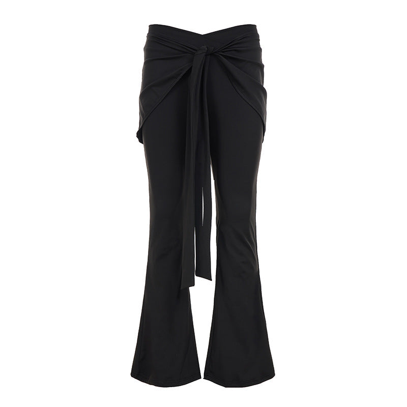 Casual Pilates Sports Solid Color Bootcut Trousers Women Low Waist Lace up Fart Curtain Design Pants