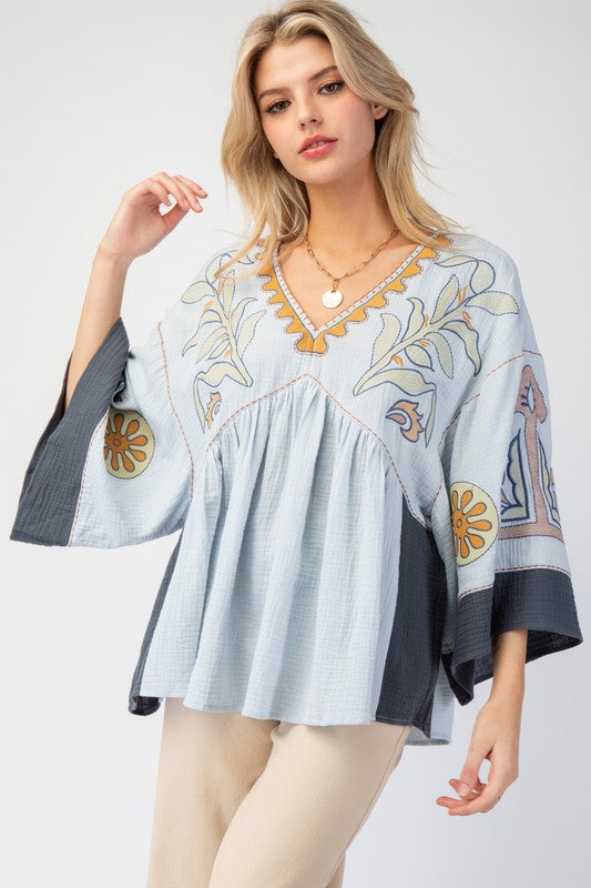Spring Summer Women Clothing V neck Stitching Flare Sleeve T shirt Contrast Color Loose Top for Women