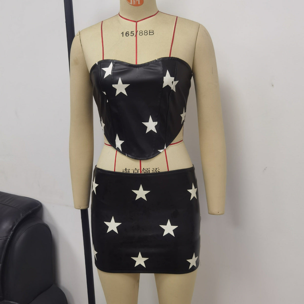 Street Printed Leather Tube Top Waist Top Women Slim Fit Zipper Pullover Vest Skirt Outfit