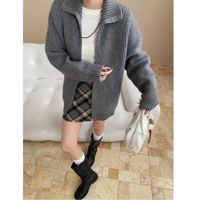 Loose Feeling Weekend Soft Glutinous Idle Double Zipper Loose Knitted Cardigan Sweater Coat