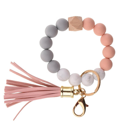 PU Tassel Keychain Bag charm Silicone Beaded Keychain Wristlet Key Ring Bracelet Cute Car Key Chain Holder for Women Girls