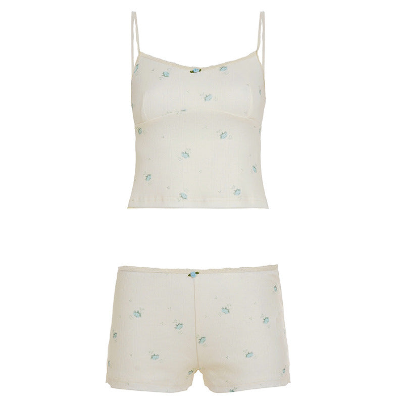 Jacquard Home Wear Pastoral Small Floral Strap Top Shorts Casual Two Piece Set