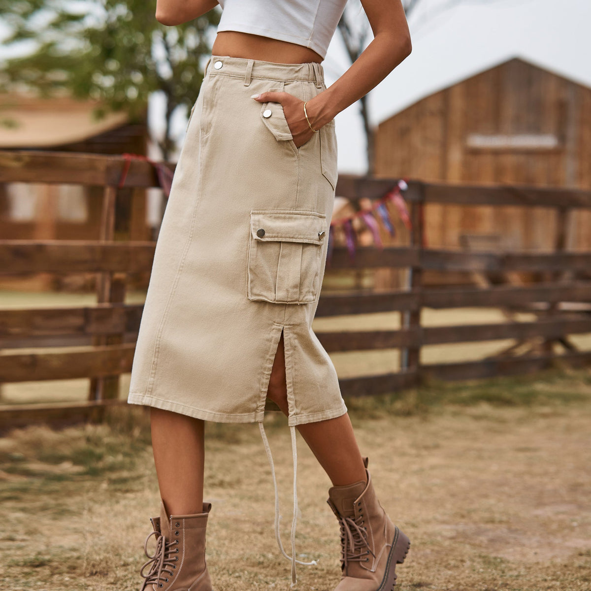 Women Clothing Denim Lace Up Skirt Casual Mid Length Skirt