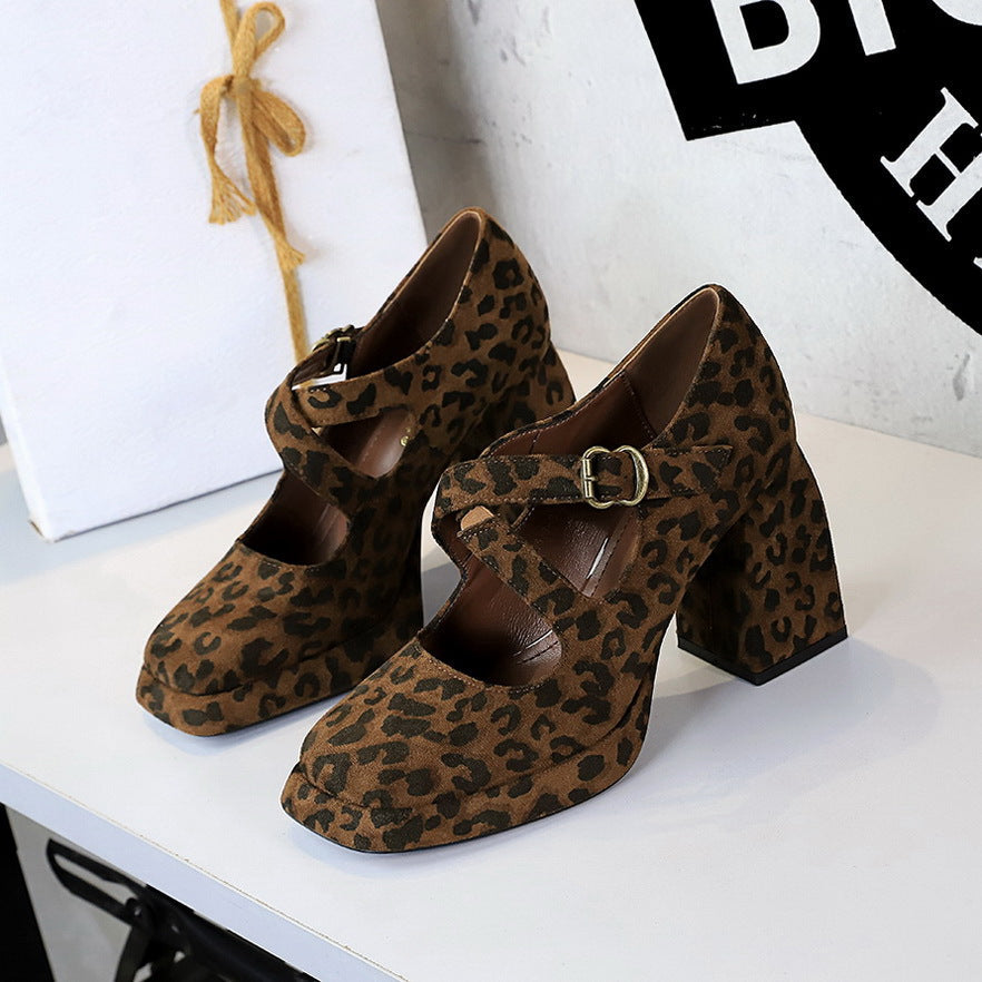 Retro Women Shoes Chunky Heel High Heel Waterproof Platform Low Cut Square Toe Cross Suede Leopard Print Pumps