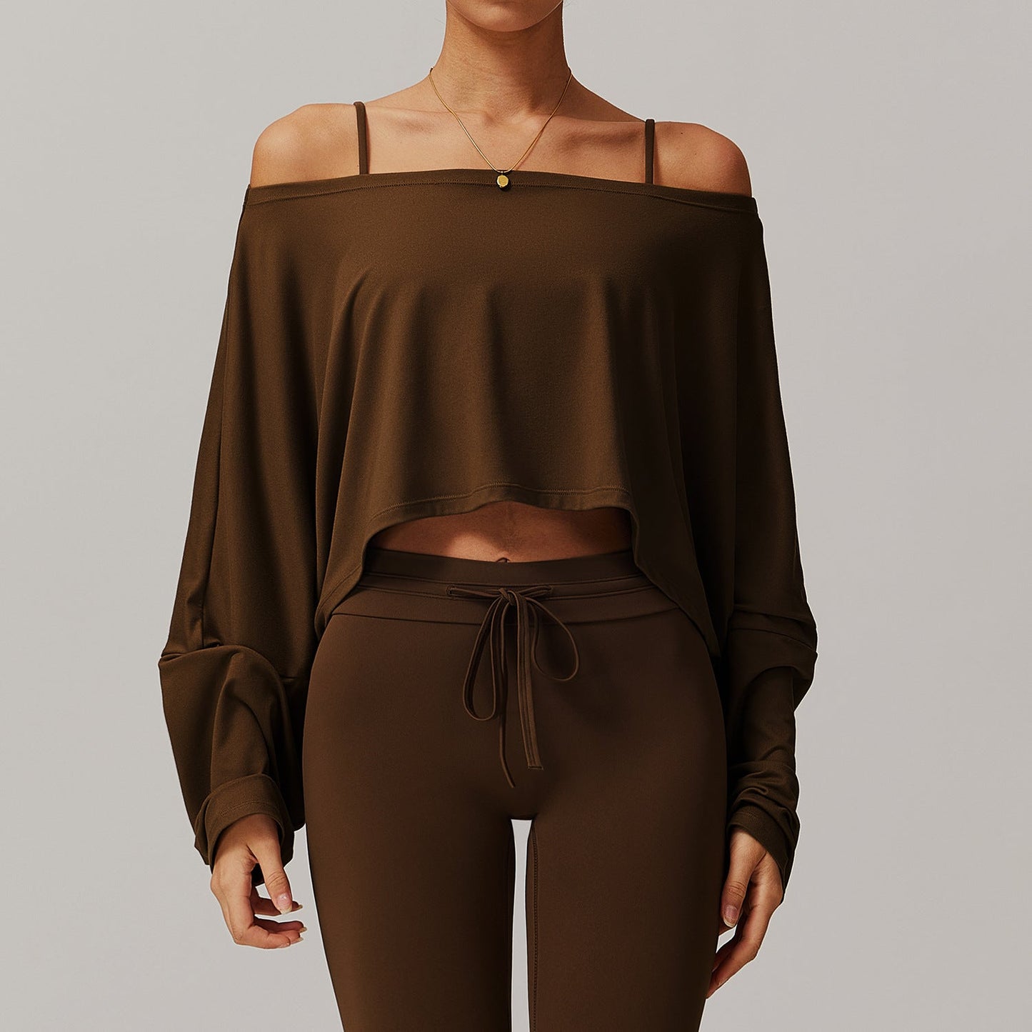 Sollinarry Fitness Sports Long-Sleeved Top Women off Shoulder Batwing Sleeve Outer Wear Casual Long Sleeves Yoga Clothes Blouse