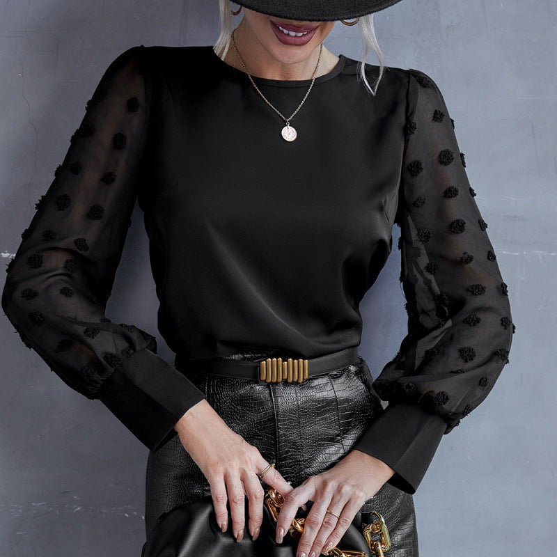 Neck Solid Color Jacquard Dot Long-Sleeved Shirt Casual Patchwork Shirt Top for Women textured