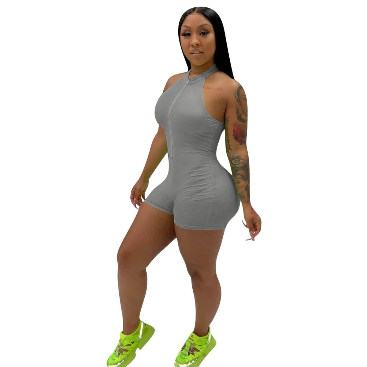 Women Clothing Solid Color Halter Zipper Jumpsuit Women Clothing