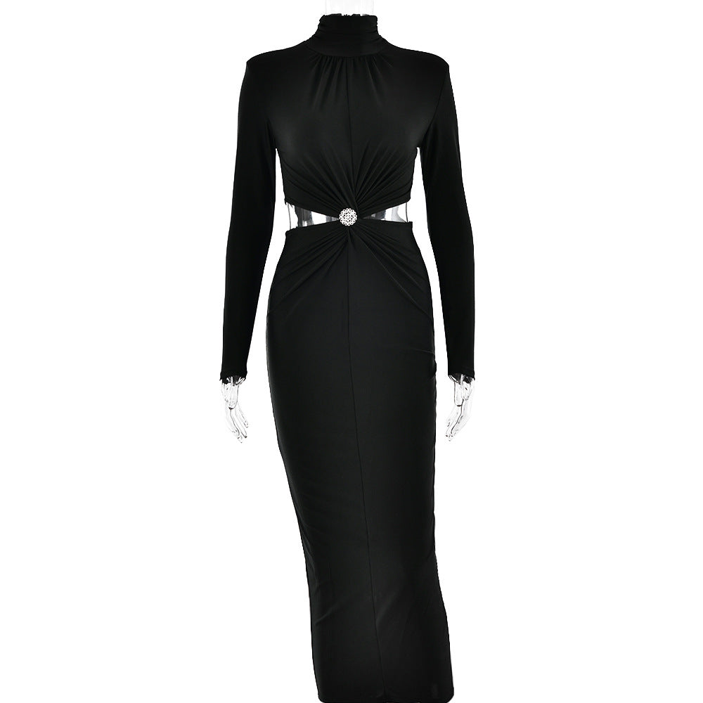 Half High Collar Long Sleeves Stitching Dress Women Sexy Backless Pleated Dress Winter