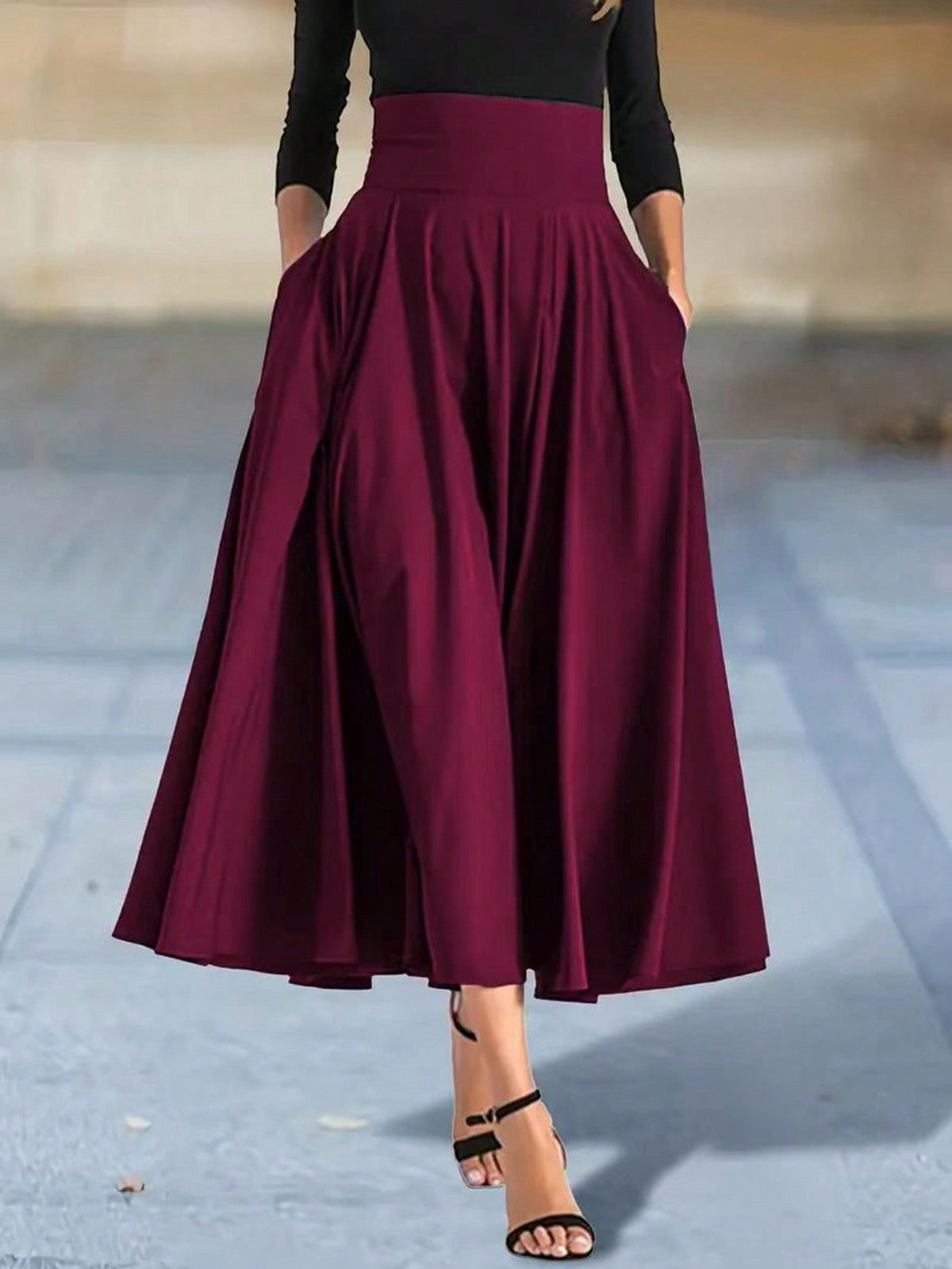 Women Clothing Fashionable Elegant Solid Color A line Slimming High Waist Long Skirt