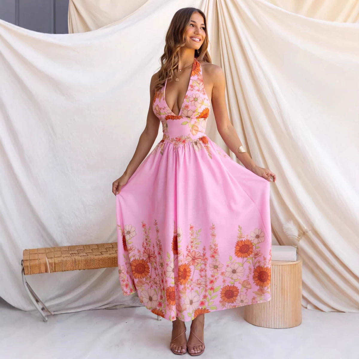 Summer Positioning Elegant Sunflower Printed V neck Waist Controlled Large Hem Dress