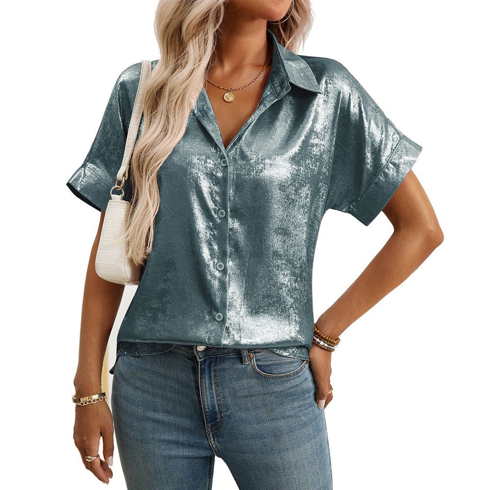 Summer Casual Loose Craft Short Sleeve Collared Metallic Shirt