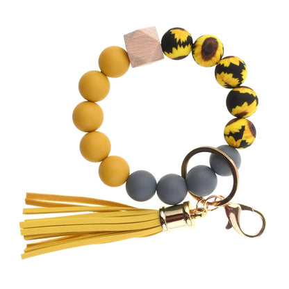 PU Tassel Keychain Women's Bag charm Silicone Beaded Keychain Wristlet Key Ring Bracelet Cute Car Key Chain Holder for Women Girls