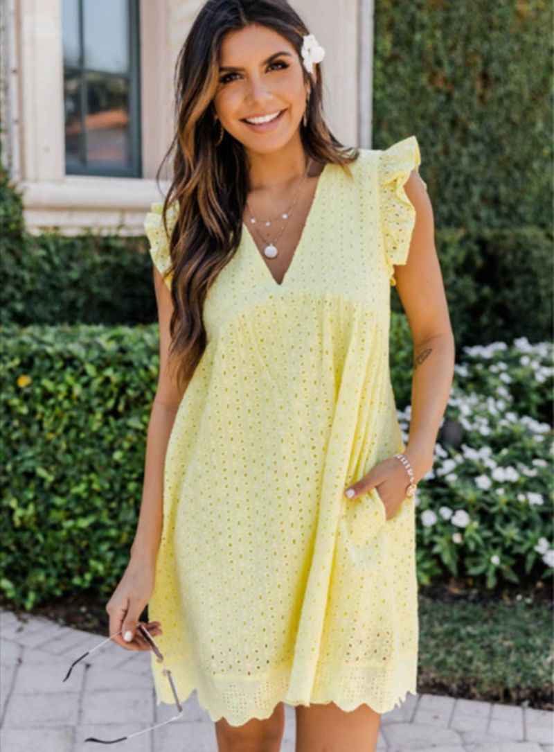 Lace jacquard hollowed V-neck dress