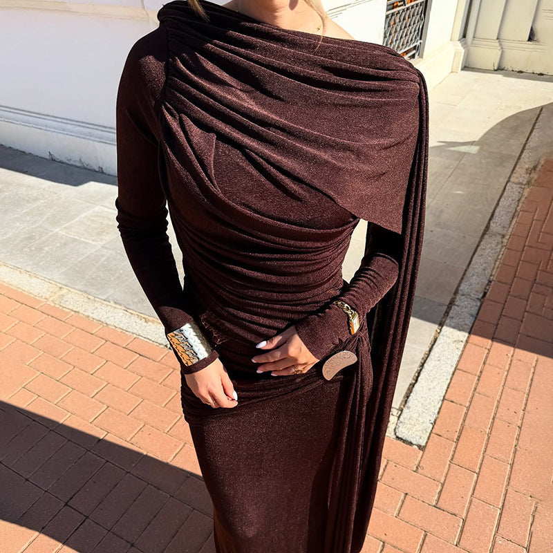 Autumn Winter Slim Fitted Waist Pleated Ribbon Solid Color Maxi Dress