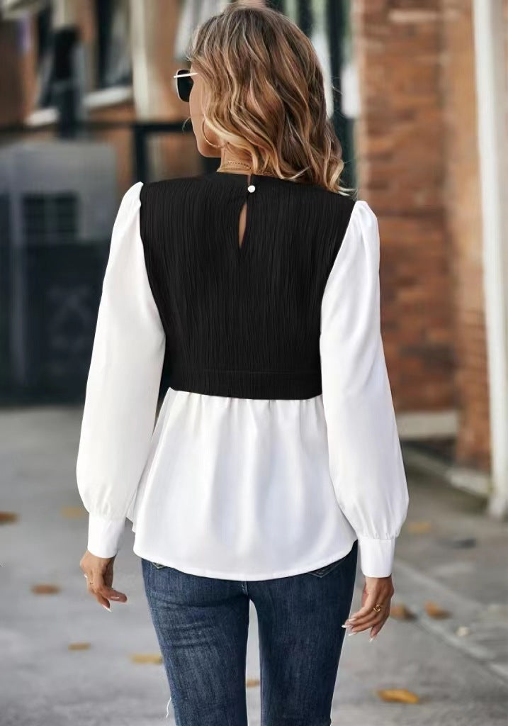Women Clothing Round Neck Wavy Stripes Stitching Tops Elegant Blouse