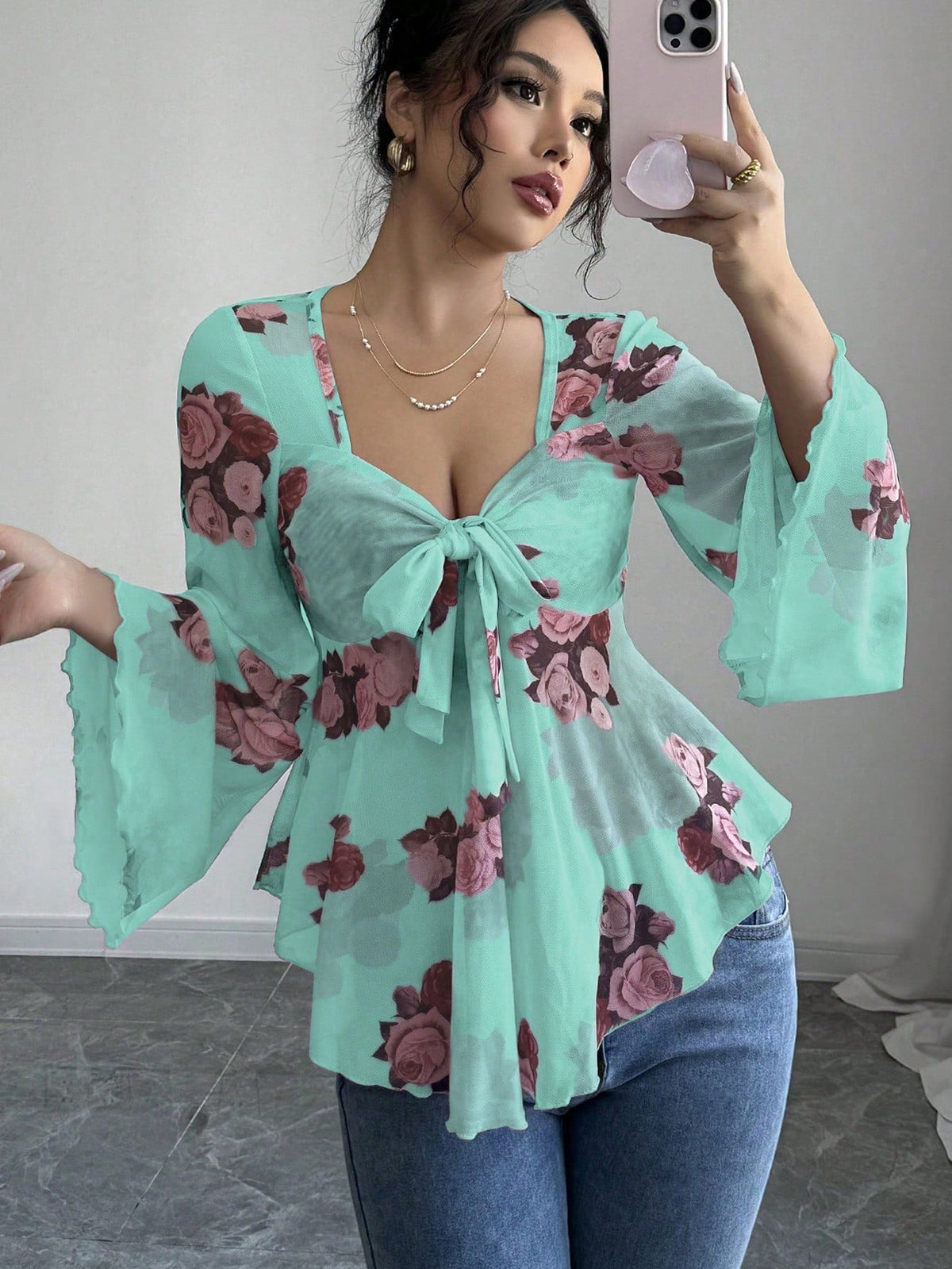 French Sweet Floral Blooming Lace up Square Collar Long Sleeve Shirt