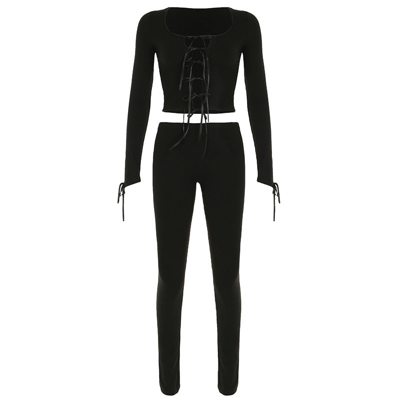 Street Casual Long Sleeve Bowknot Lace up Cutout Cropped Top Pants Two Piece Sets