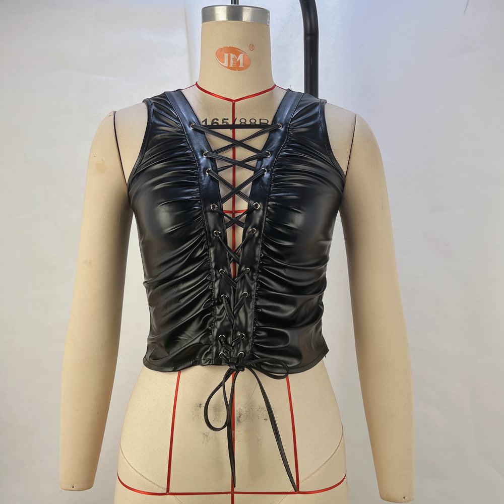 Women Clothing Solid Color Corns Lace Up Faux Leather Sleeveless Vest Women Tops