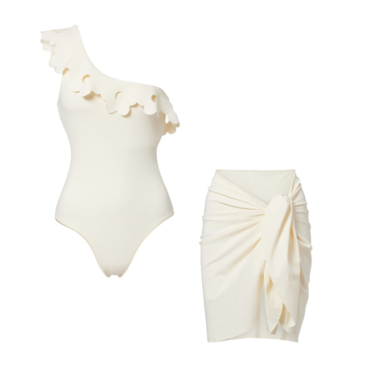 Sexy Cream White Wave Hollow Out Cutout Single Shoulder One Piece Swimming Women Two Piece Spring Holiday Slim Looking Swimwear
