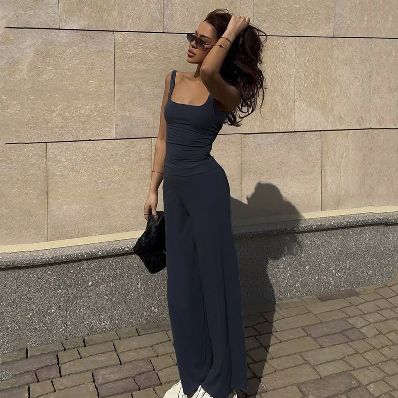 Women Clothing Summer Solid Color Casual Set Square Collar Vest Wide Leg Pants Sports Two Piece Set