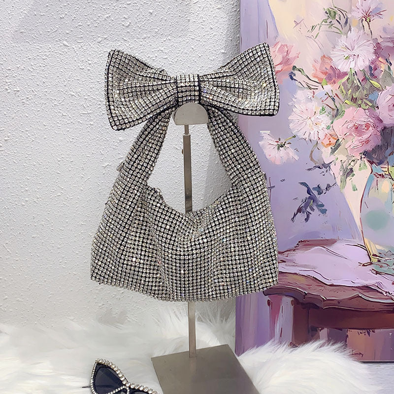 Bow Trend Shiny Diamond Rhinestone Underarm Bag Socialite Elegant Tote Shoulder Bag