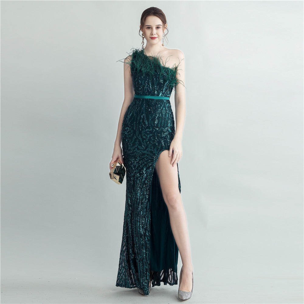Heavy Industry Ostrich Hair Craft Bundle Hair Oblique Shoulder Side Slit High End Evening Dress