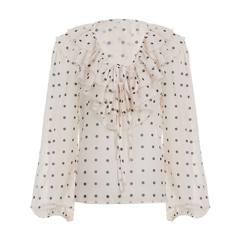 Ruffled V Collar Polka Dot Chiffon Top Girlish Cute Youth Looking Bow Lace up Long Sleeve Shirt Autumn