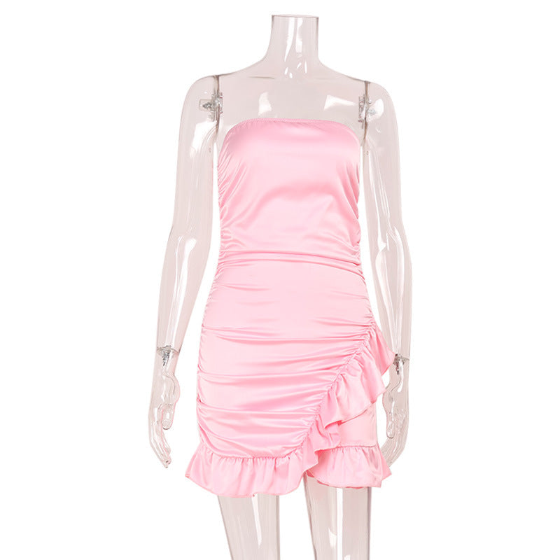 Elegant Women Clothing French Sexy Tube Top Backless Pleating Lace Niche Dress Short Dress