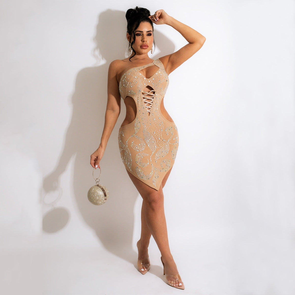 Women Clothing Sexy Hollow Out Cutout Oblique Shoulder Rhinestone Irregular Asymmetric Women