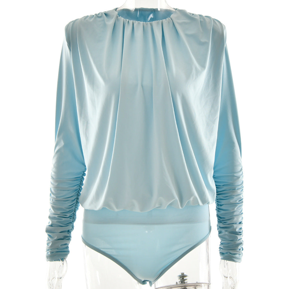 Spring Summer Women Clothing Arrival Pleated Long Sleeved Bottoming Shirt Sexy Backless Bodysuit