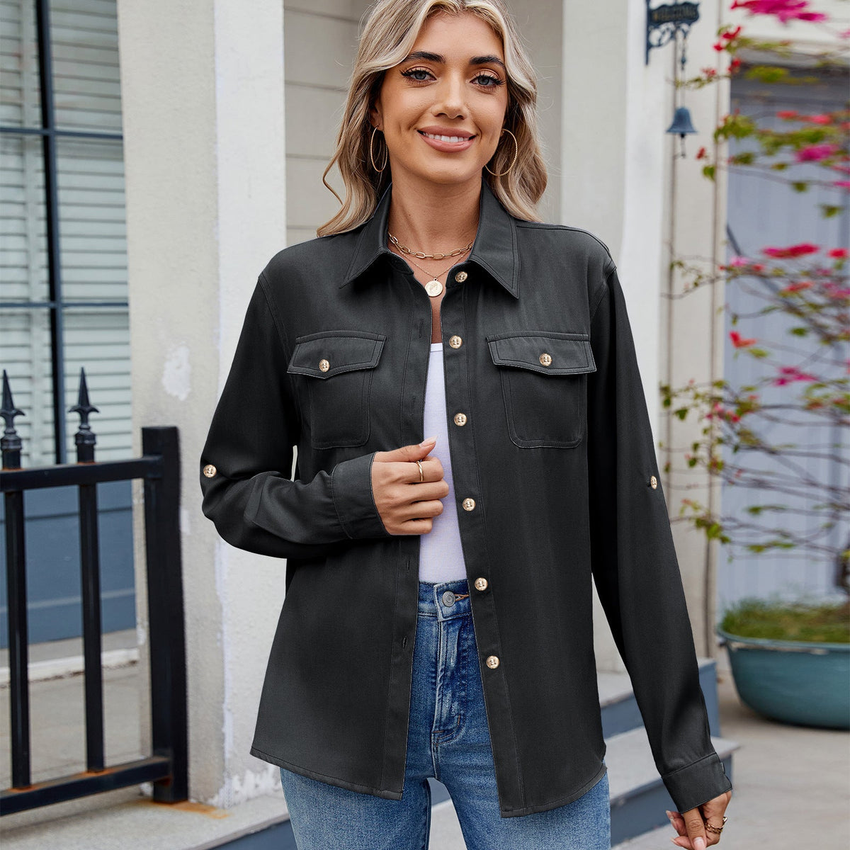 Women Clothing Spring Summer Casual Long Sleeved Adjustable Shirt Top