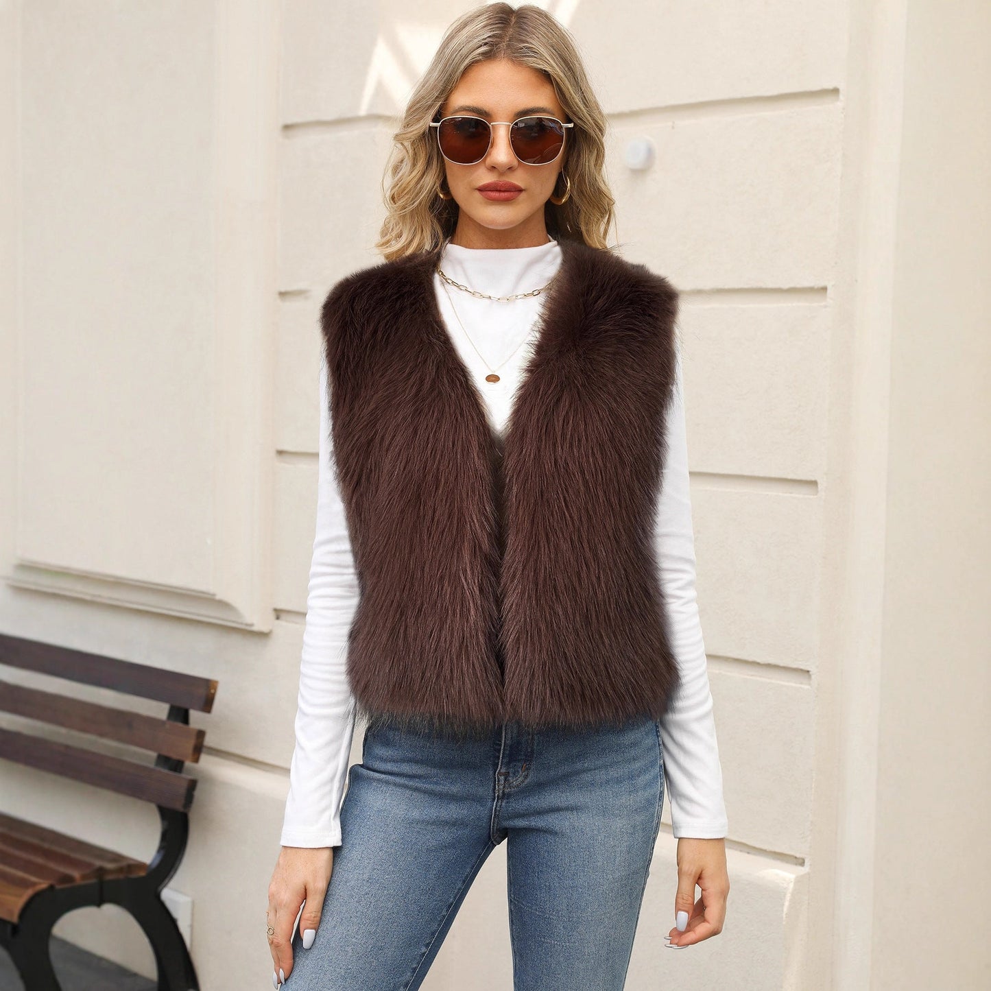 Women Plush Sleeveless Warm Vest Environmental Protection Faux Fur Vest Vest