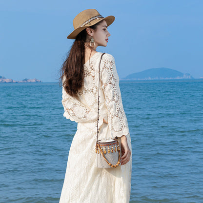 Bohemian small straw bag, seaside vacation mini bucket bag, leisure travel shoulder bag, small woven bag women hobo