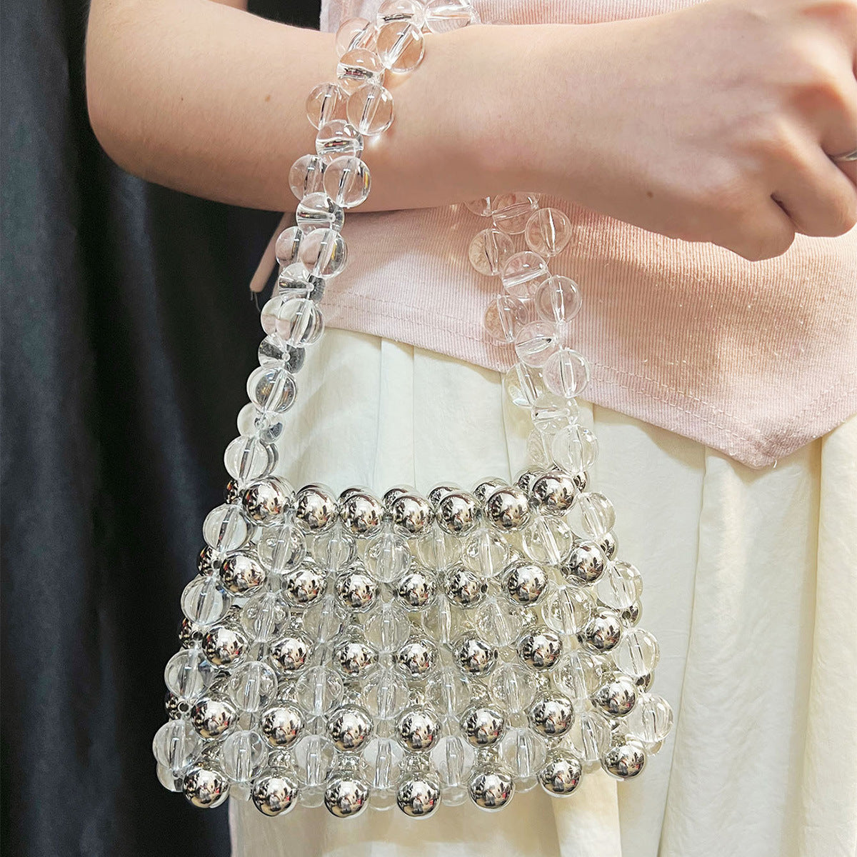 Summer French Lazy Heavy Industry Design Beaded Woven Bag Fresh Sweet Acrylic Handbag Pack
