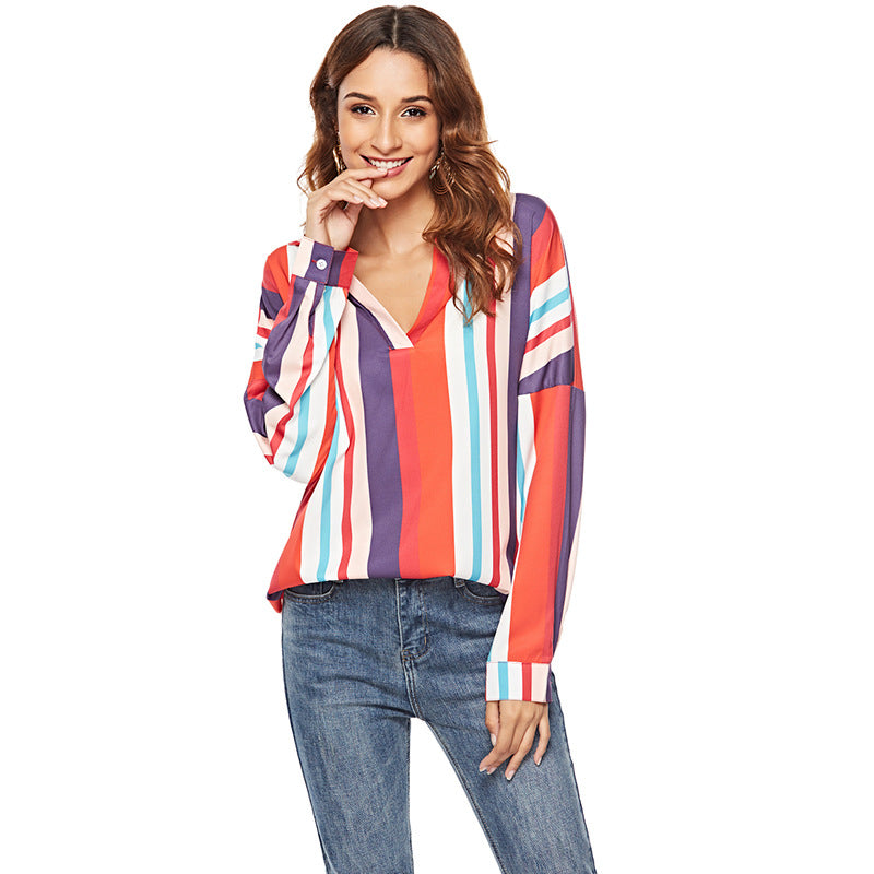 Women Clothing Color Stripes V Neck Long Sleeve Shirt All Matching Shirt