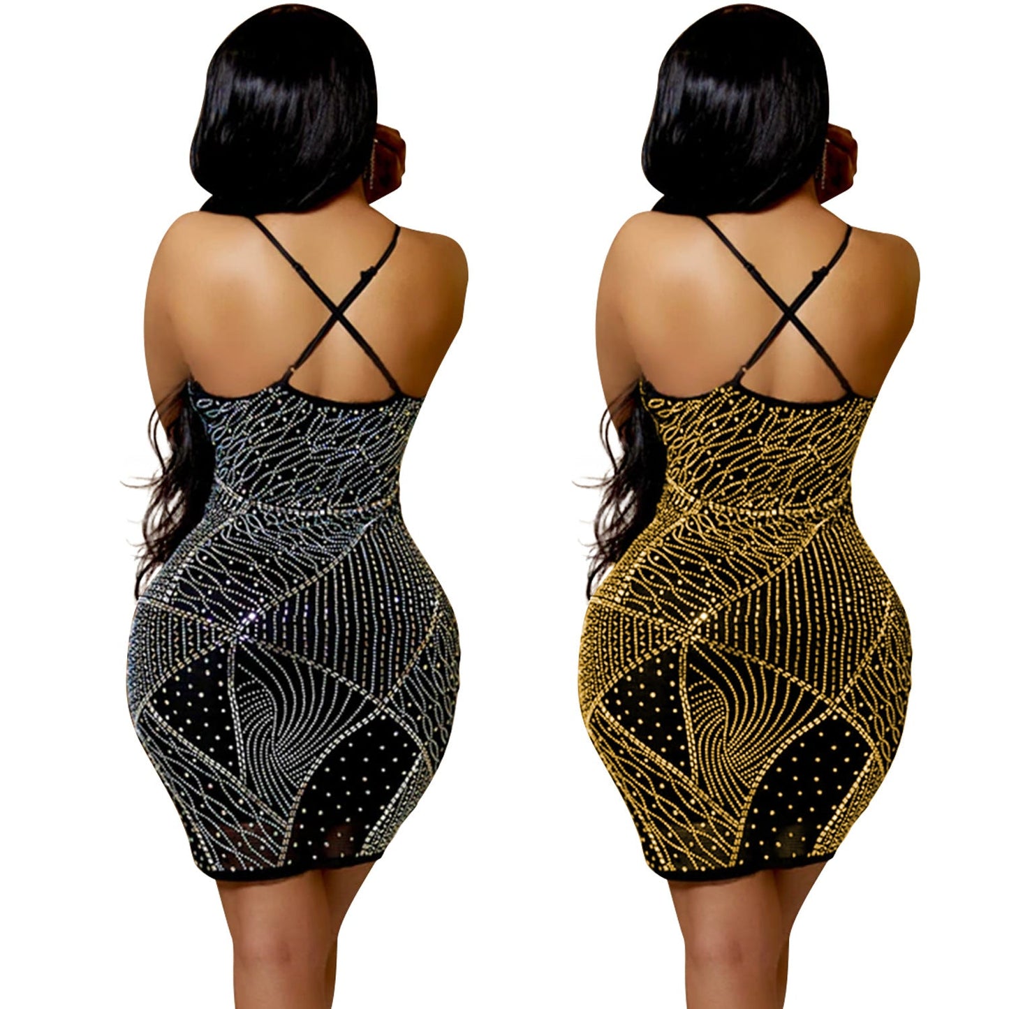 Summer Women Clothing Sexy V-neck Backless Nightclub Rhinestone Dress for Women