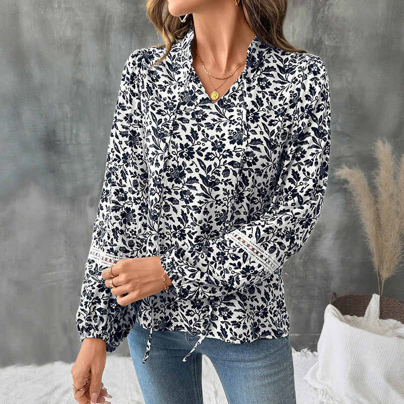 Autumn Casual Elegant Retro V neck Lace up Floral French Top for Women