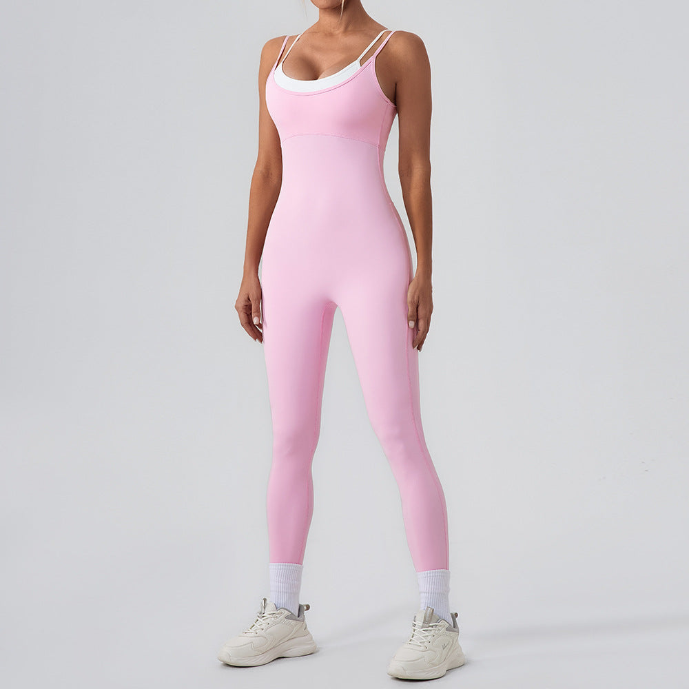 Faux Two Piece Contrast Color Sling Sports Jumpsuit One Piece Yoga Clothes Backless Outdoor Fitness One Piece