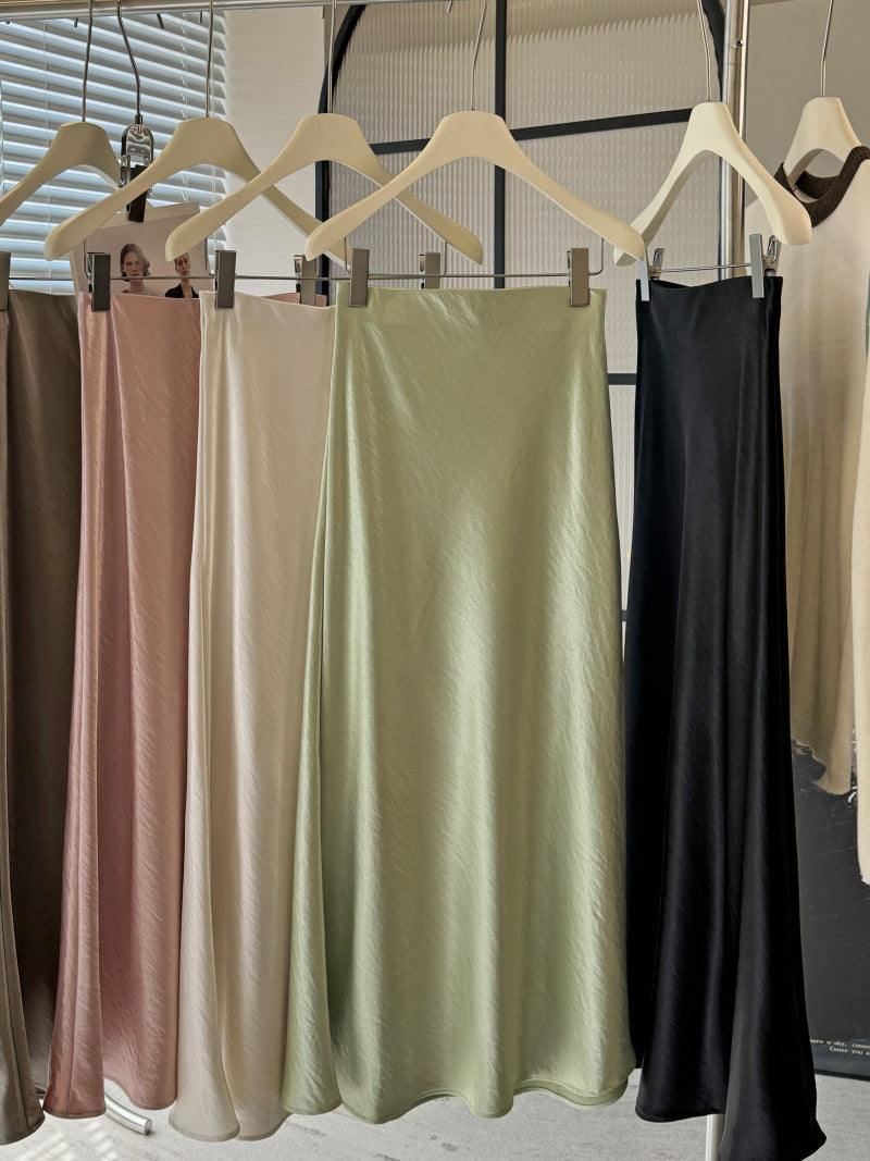 Acetate Satin Fishtail Skirt Women Simple Graceful Drooping Slimming Sheath A line Mid Length Skirt