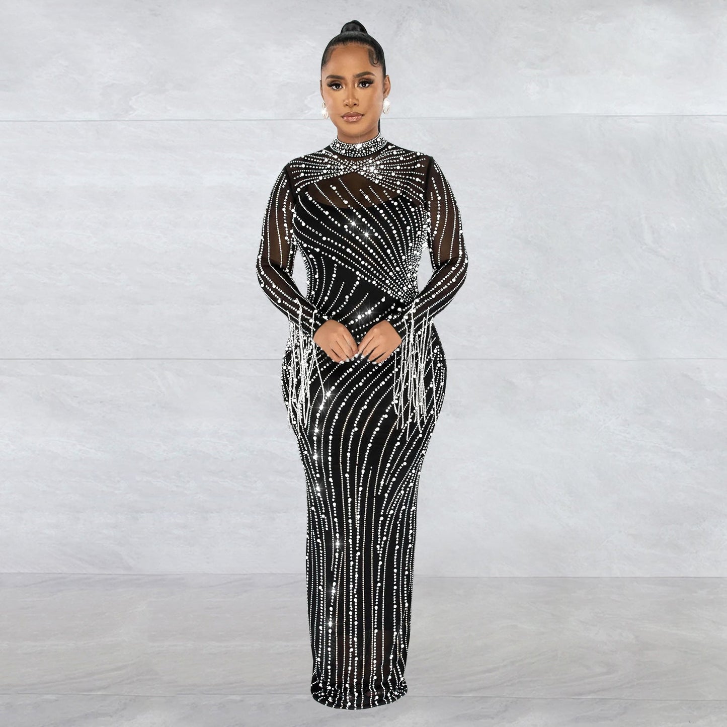 Women Wear Mesh See Through Drilling Long Sleeve Lining Two Piece Set