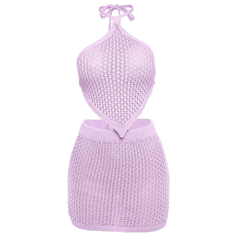 Spring Sexy Backless Knitted Tied Top Solid Color Hip Skirt Two Piece Sets Women