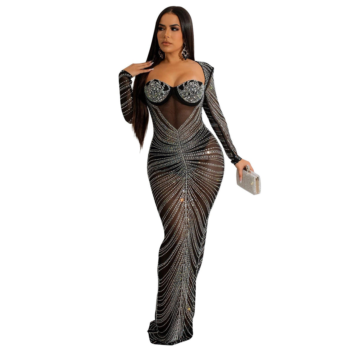 Autumn Winter Women Clothing Sexy Mesh Rhinestone Long Sleeve Maxi Dress Women