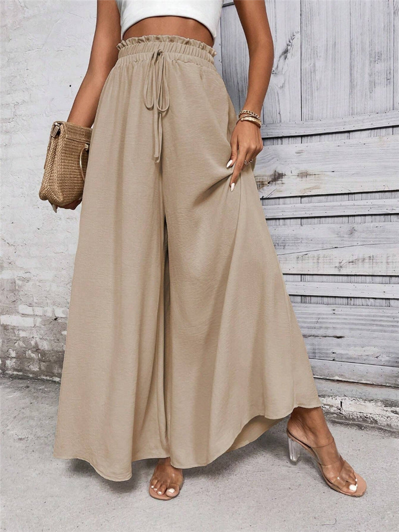 Spring Summer Loose Casual Women Clothing Elastic High Waist Lace up Wide Leg Trousers