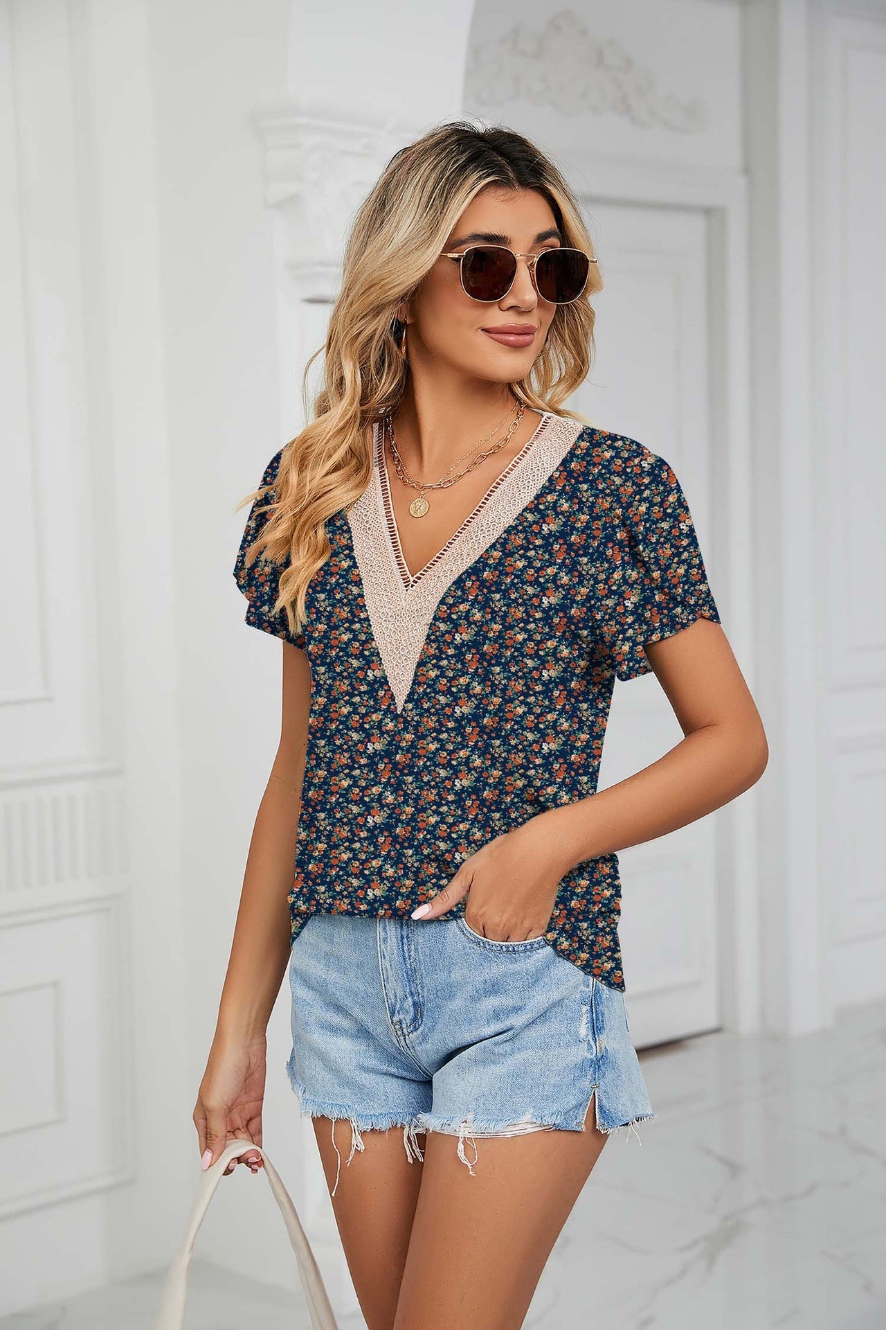Spring Summer Golden Lace V Neck Petal Short Sleeve Floral T Shirt Top