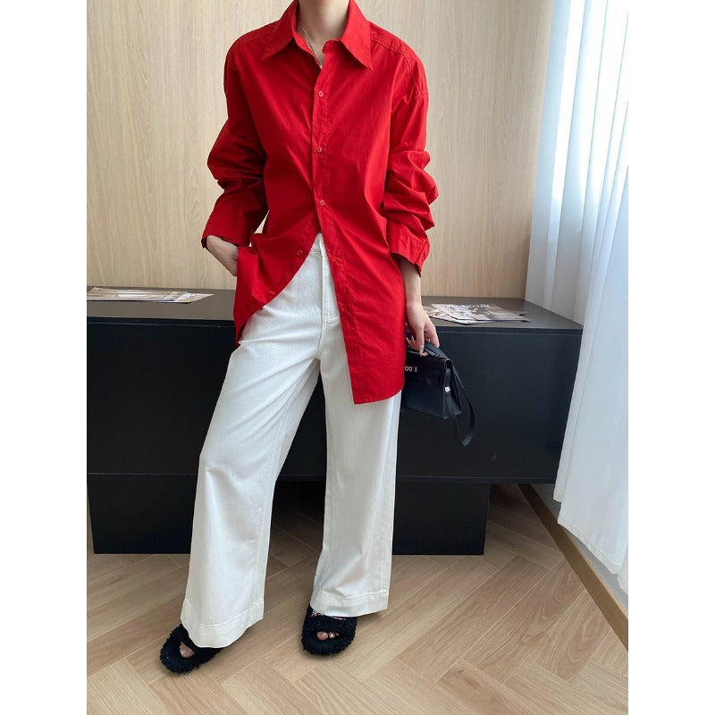 Early Autumn Blogger Relaxed Feeling All Matching Collared Loose Slimming Casual Long Sleeve Shirt