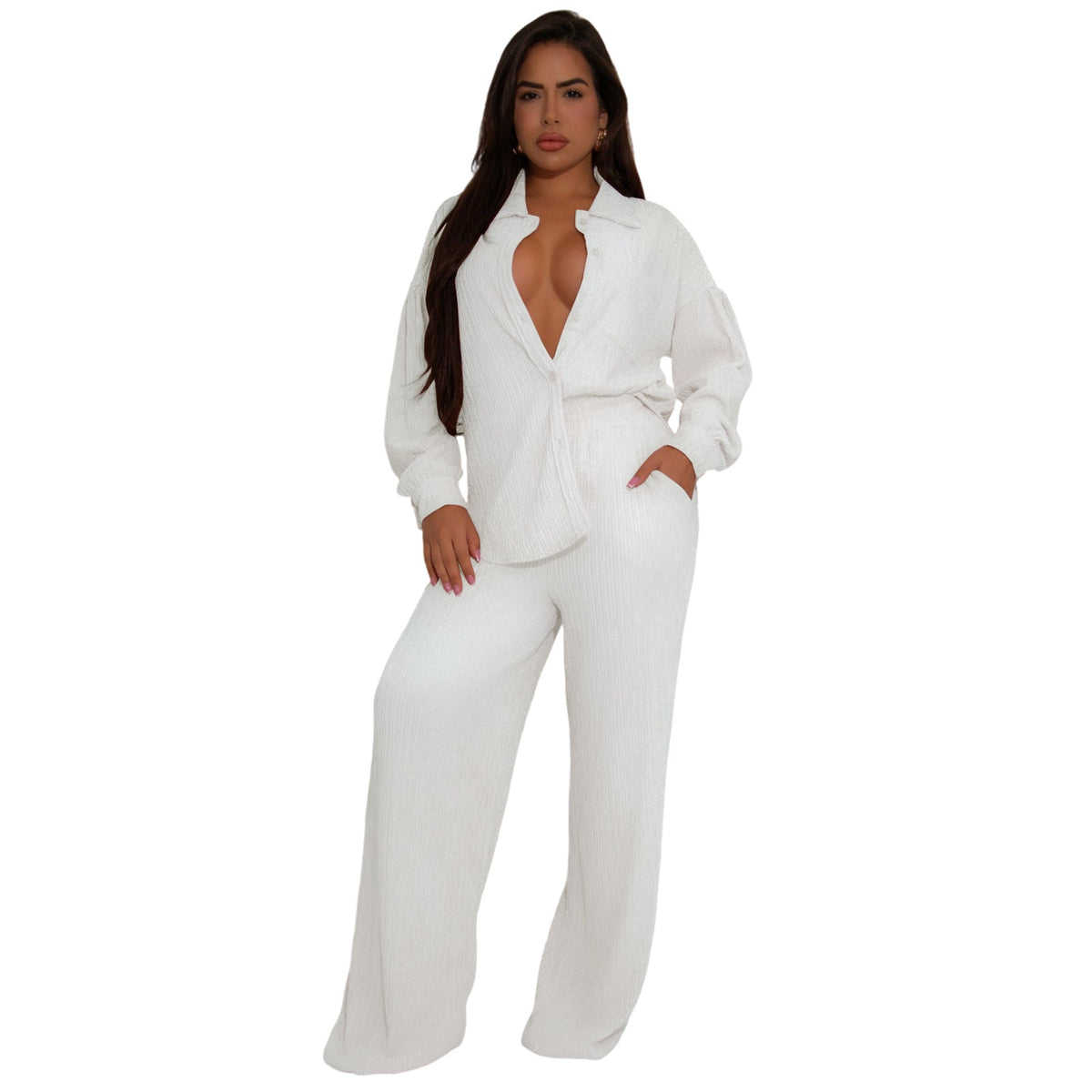 Women Elastic Crumpled Lace up Multi Pocket Swing Pants Wide Leg Pants Two Piece Sets