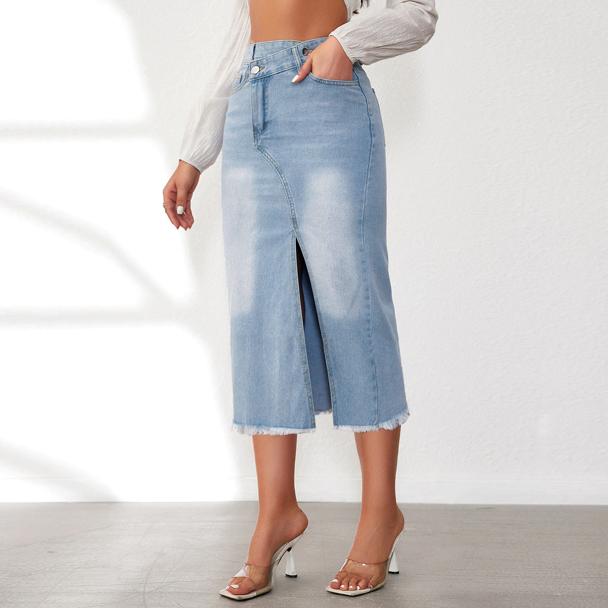 Mid Length Frayed Front Slit High Waist Denim Skirt for Women A line Skirt