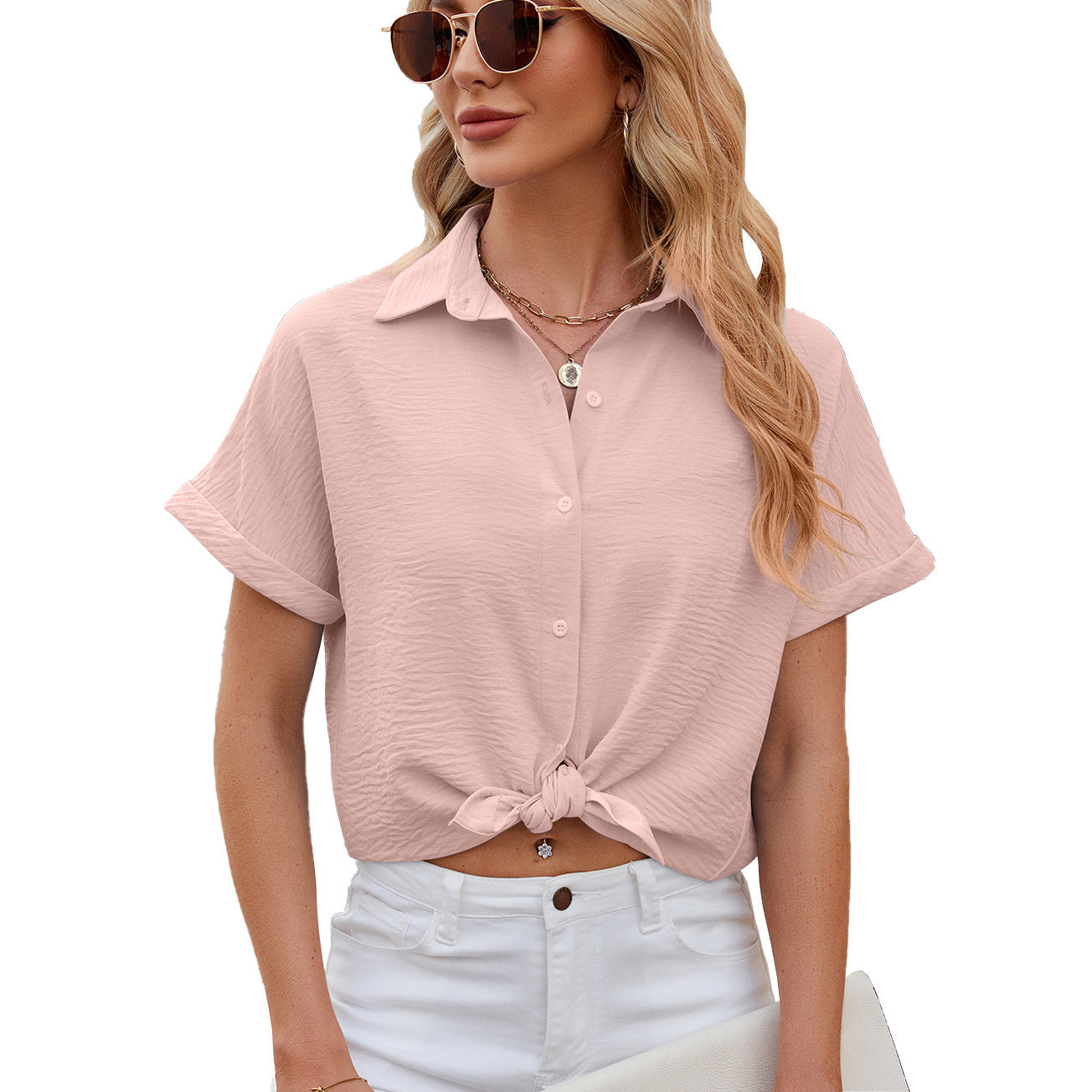 Spring Summer Solid Color Polo Collar Short Sleeved Shirt Button Loose Chiffon Shirt