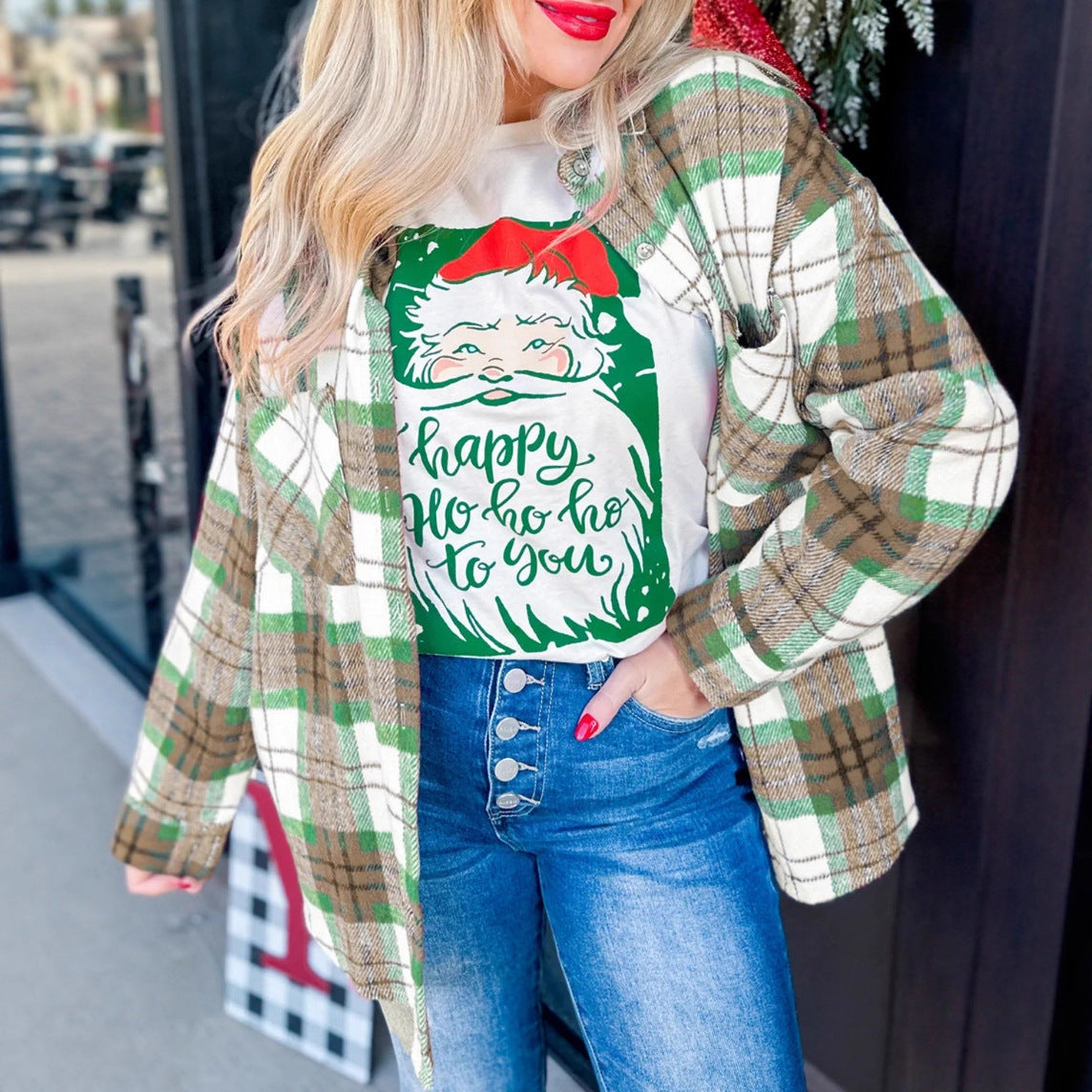 Autumn Winter Women Wear Plaid Woolen Coat Shirt Christmas