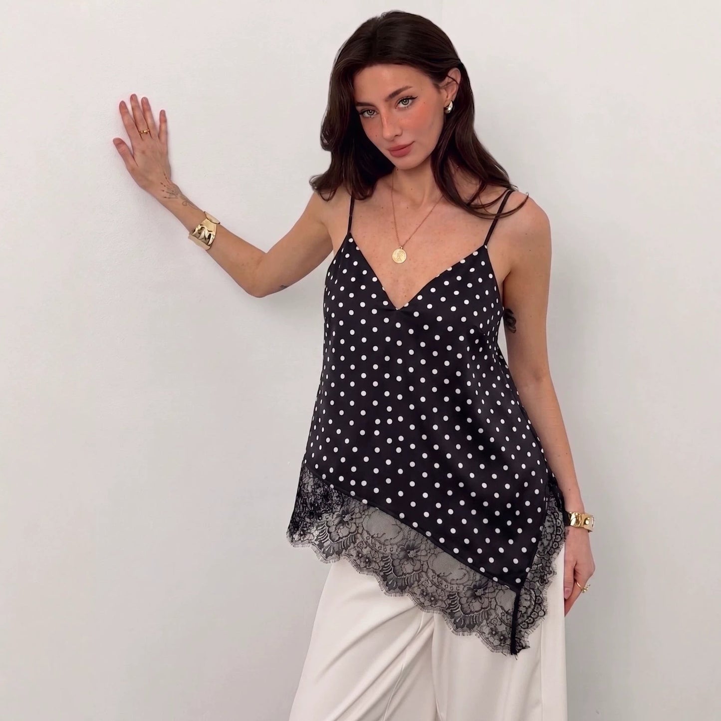 V neck Irregular Asymmetric Lace Patchwork Top Loose Camisole